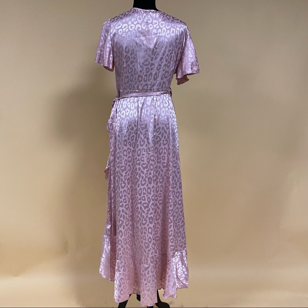 Simplee Dusty Pink Leopard Asymmetrical Ruffle Hem Wrap Belted Satin Dress Sz L - Picture 12 of 14